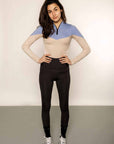 Model is wearing: Blue & beige base layer and black leggings