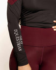 Close up details of two tone grey and burgundy base layer top.