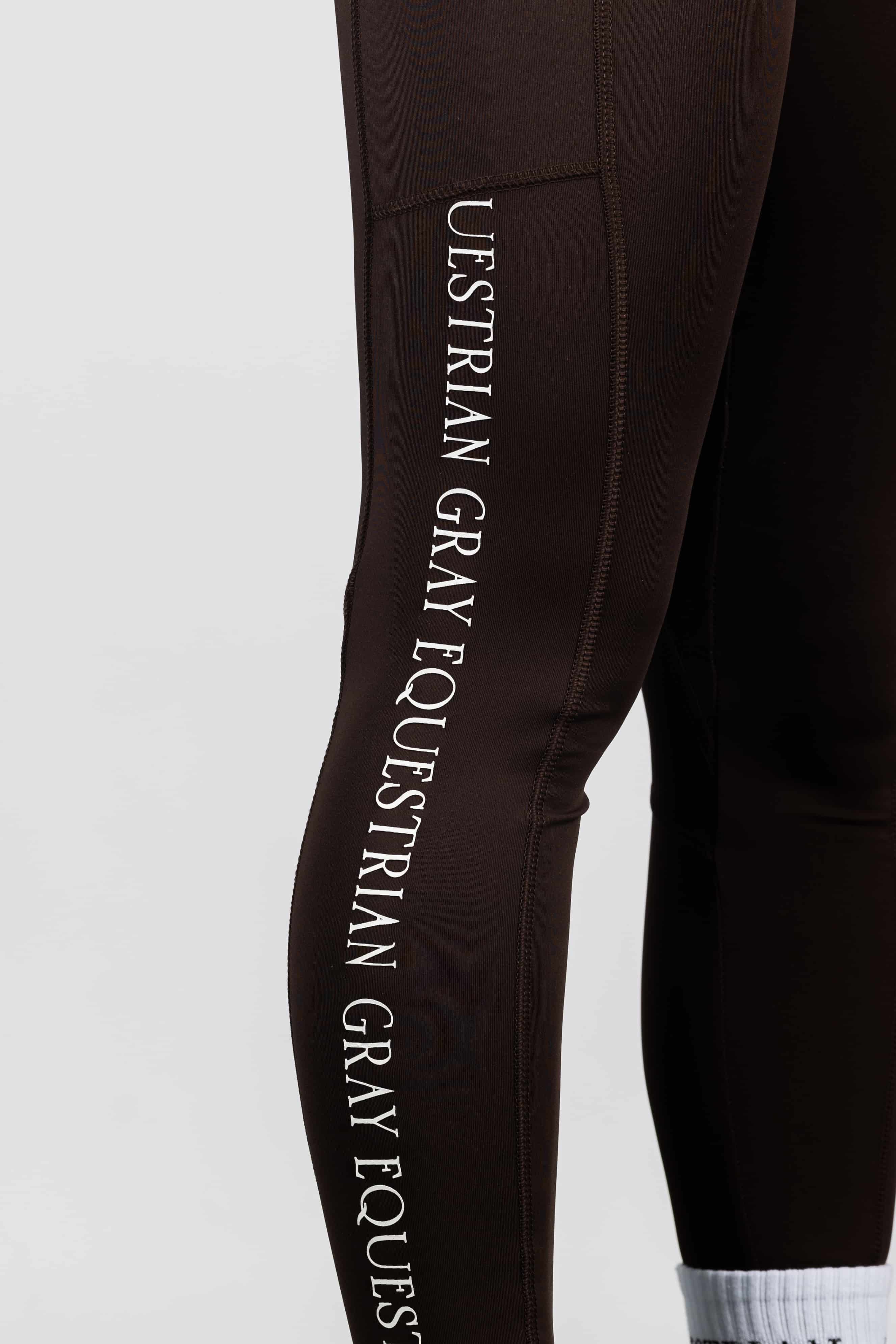 A close up of the white Grey Equestrian branding down the side of our leggings.