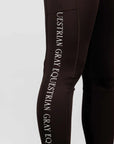 A close up of the white Grey Equestrian branding down the side of our leggings.