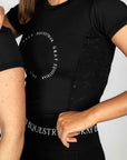 A close up of the side-panel detail on our black equestrian t-shirt.