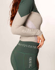 A video of the side of our long sleeved green and grey two toned base layer.