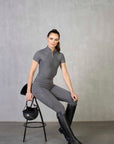 A model wearing our short sleeved grey base layer and matching equestrian leggings.