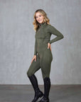 A model wearing our long sleeved khaki base layer and matching equestrian leggings.