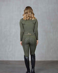A view of the back of our long sleeved equestrian base layer and matching riding leggings with full non slip seat.