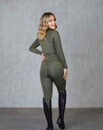 A view of the back of our long sleeved equestrian base layer and matching riding leggings with full non slip seat.