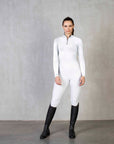 A model wearing our long sleeved white base layer and matching leggings.