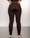 A view of the back of our brown fleece lined riding leggings with full non-slip seat.