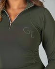 Our fleece lined long-sleeved khaki base layer with a silver 1/4 zip and subtle GE branding.