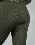 A view of the back of our khaki leggings with full non slip.