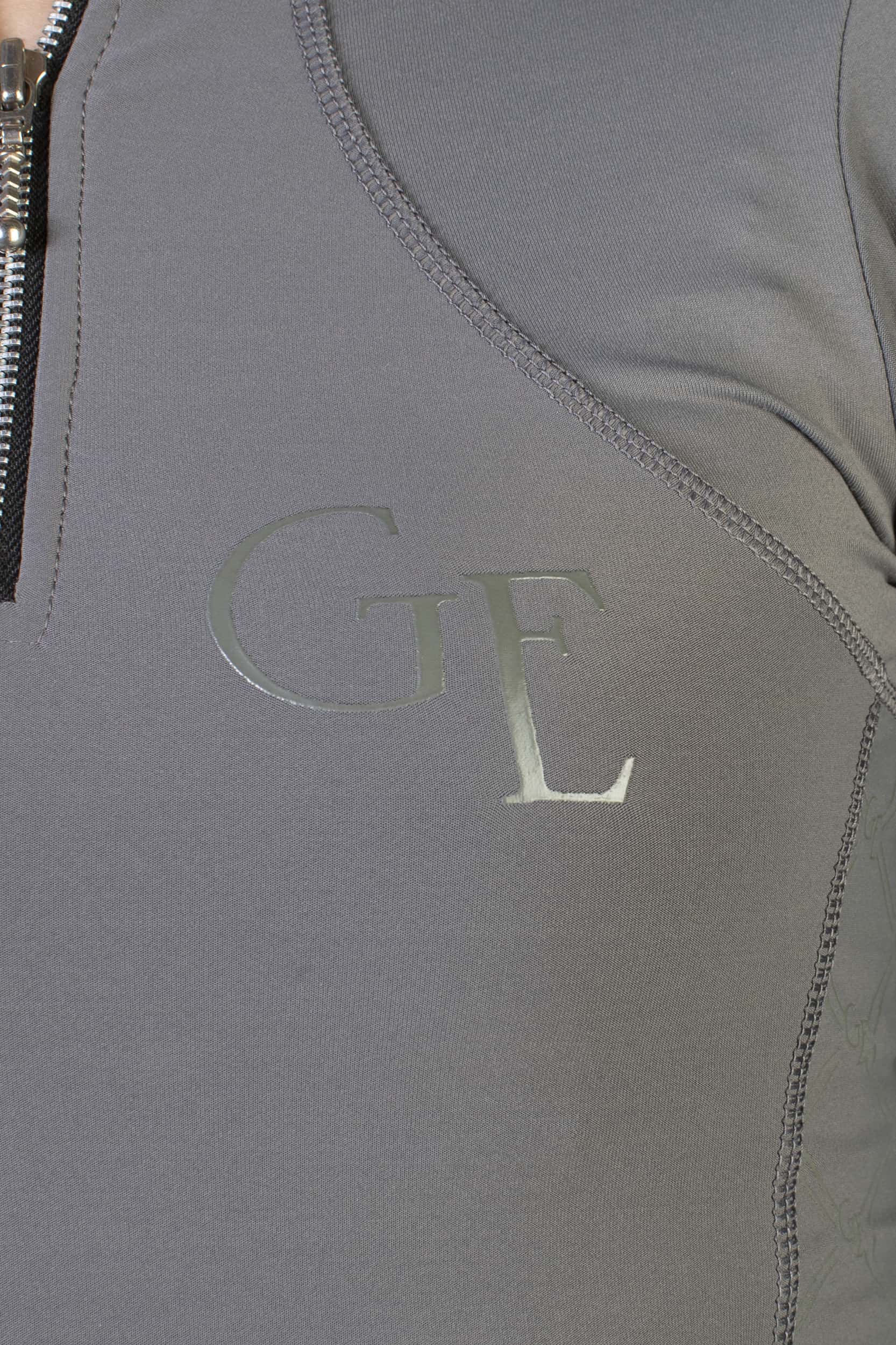 A view of the gloss GE branding on the front of our grey base layer.