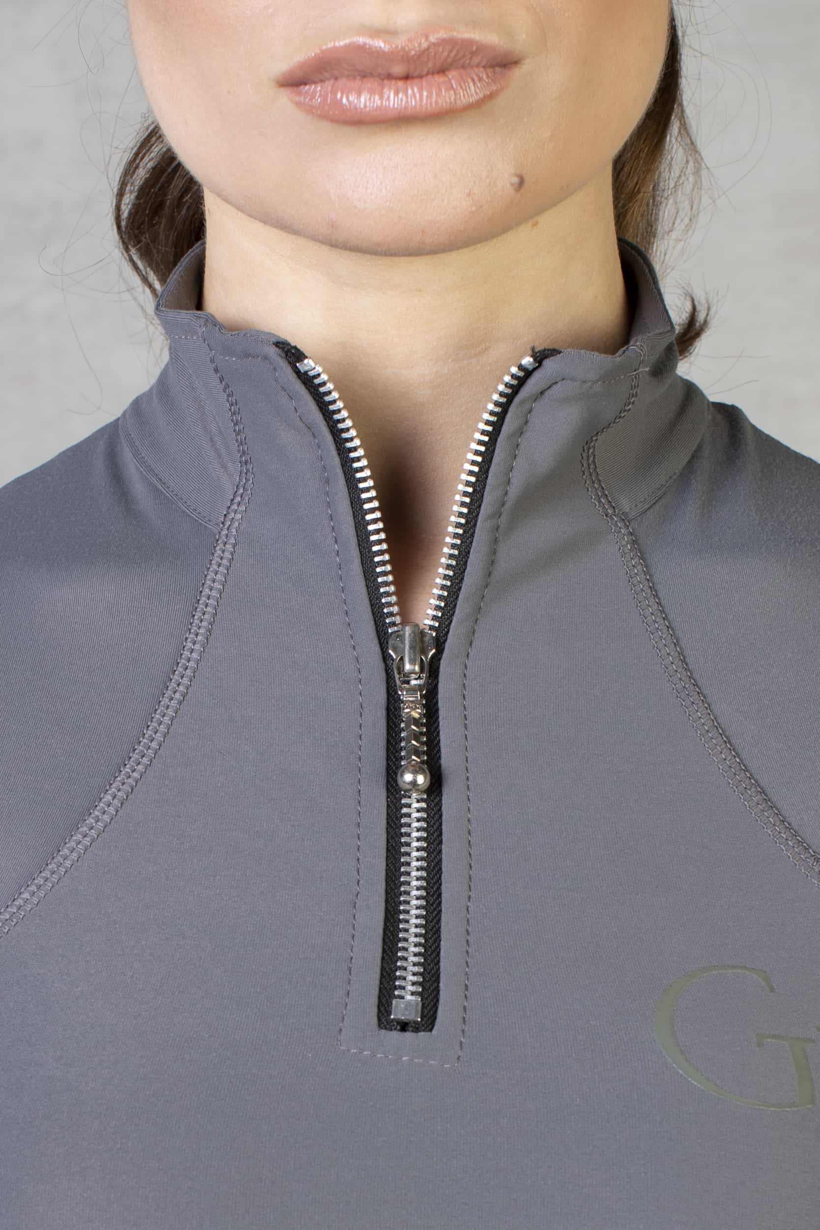 A close up of the silver 1/4 zip.