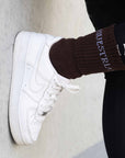 A close up of our brown renew socks.